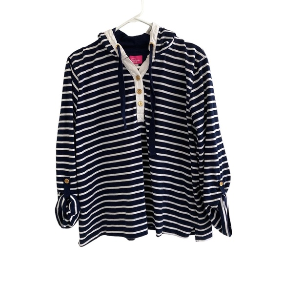 Pappagallo Tops - Pappagallo Womens Sz 1X Michelle Blue White Stripe 1/4 Button Hoodie Long Sleeve